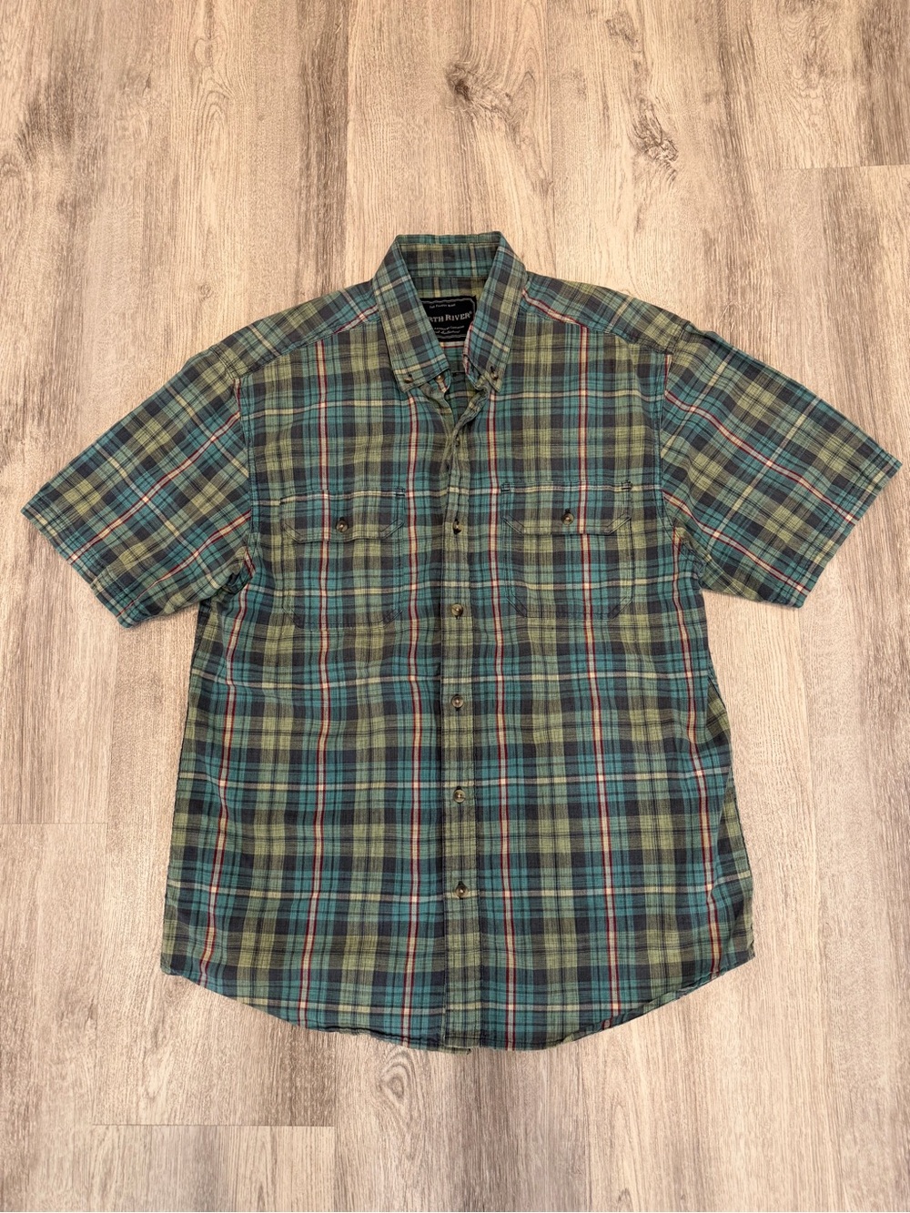 North River Medium Green Plaid 100% Cotton Short Sleeve Button Up Shirt